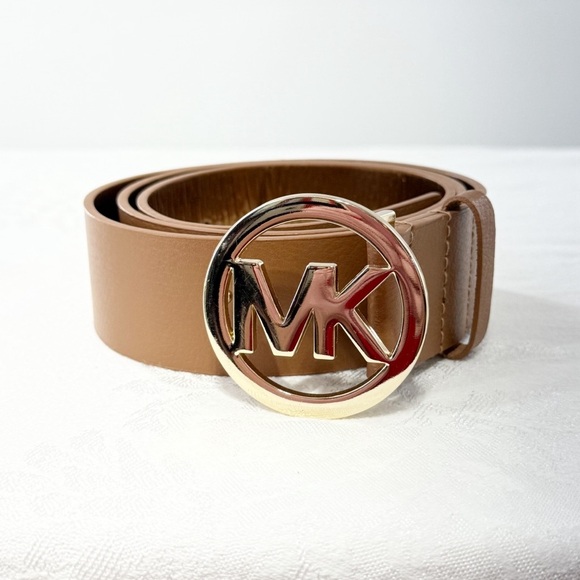 Michael Kors Brown Leather Belt Large – Gold MK Logo Buckle, Genuine Leather - Picture 1 of 16